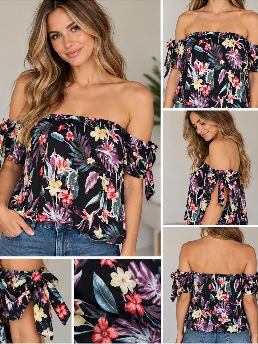 Gypsies & Moondust Women’s Floral Off Shoulder Top XS Black Tropical Boho Rayon